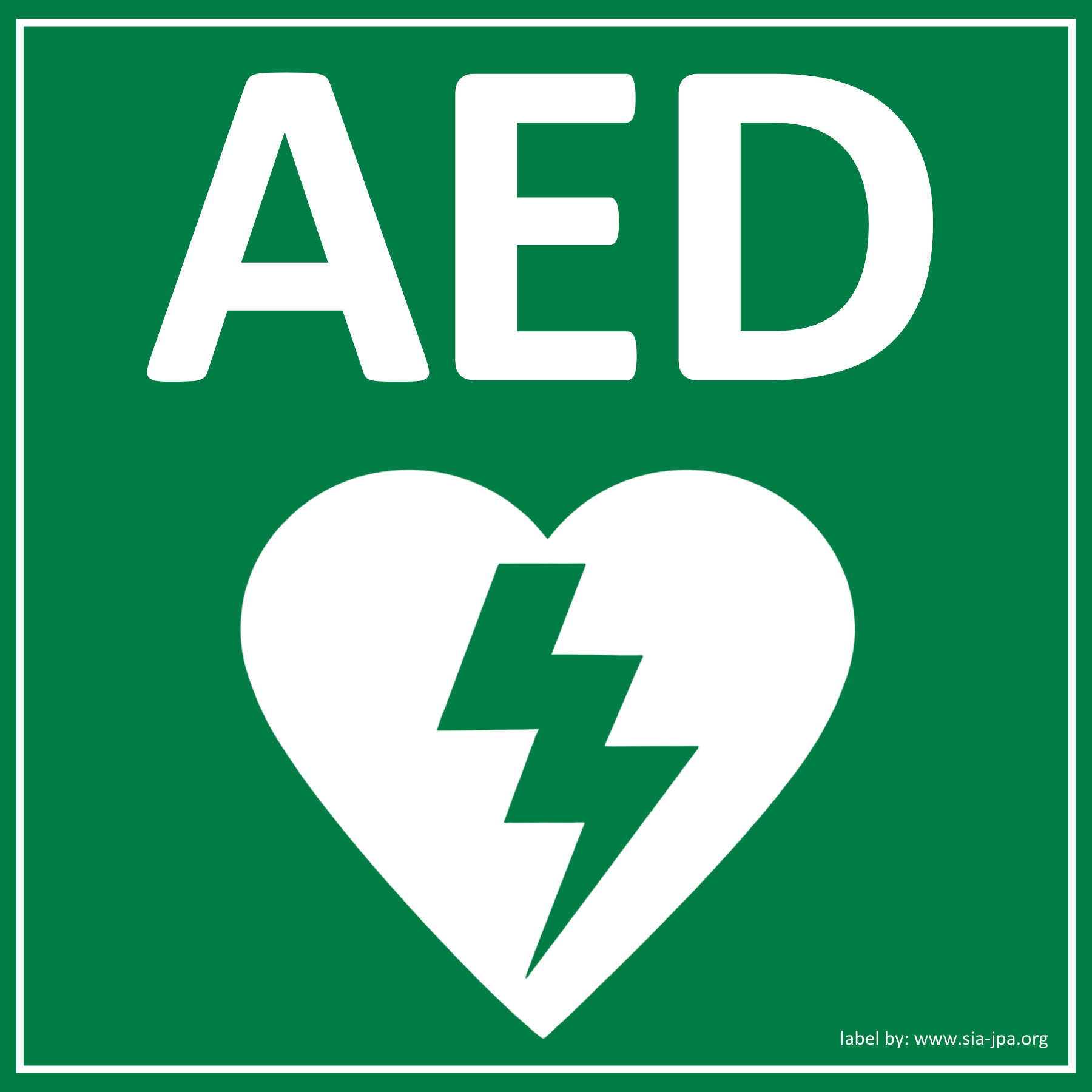AED text with large heart shape symbol containing lightning bolt graphic below.